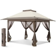 EAGLE PEAK 13' x 13' Pop-Up Gazebo Tent Instant w/Mosquito Netting，Outdoor Gazebo Canopy Easy Set-up Folding Shelter (Beige/Brown)