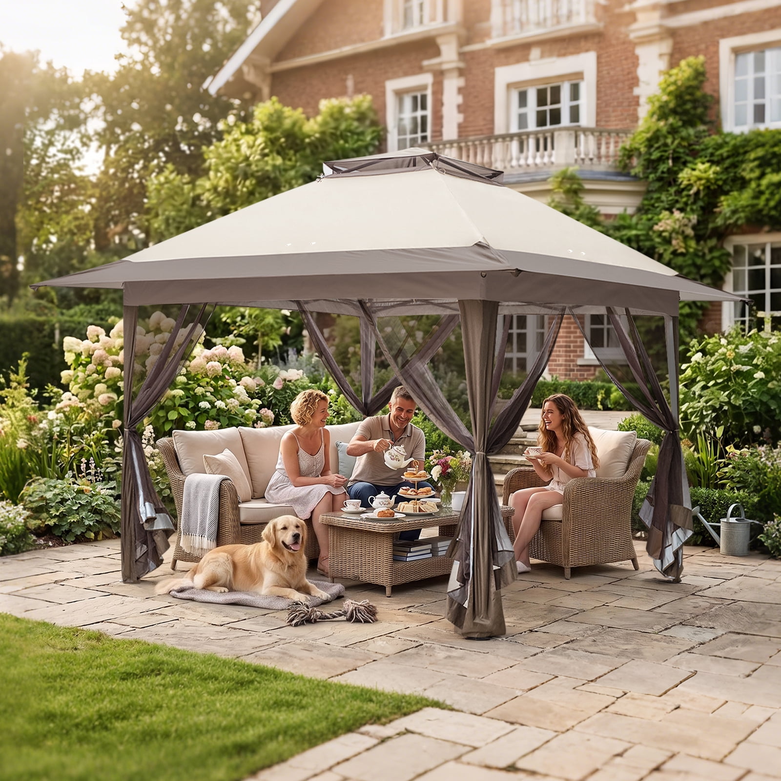 EAGLE PEAK 13' x 13' Pop-up Gazebo Tent Instant with Mosquito Netting，Outdoor Gazebo Canopy Easy Set-up Folding Shelter (Beige/Brown)
