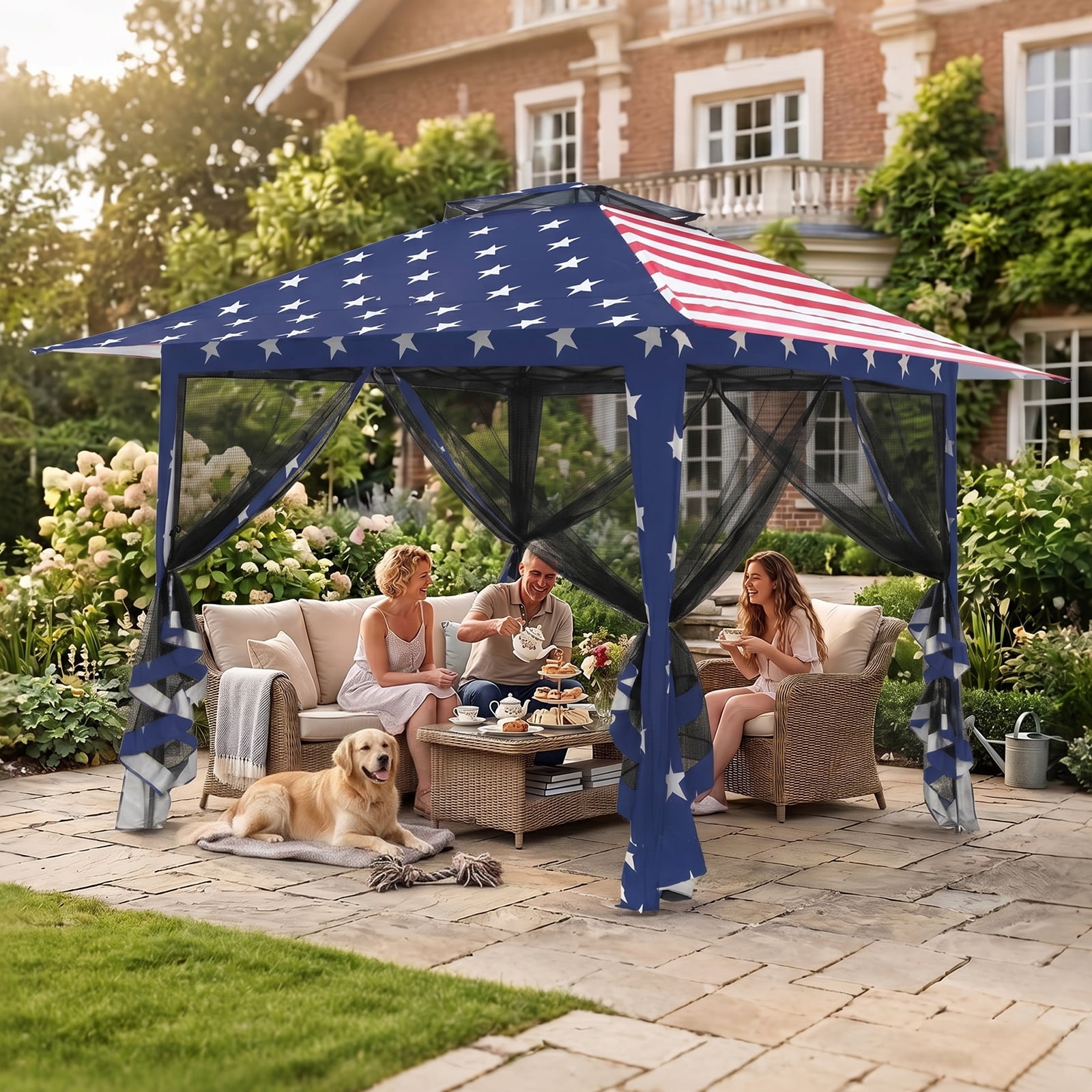 EAGLE PEAK 13 x 13 ft Pop-Up Gazebo Tent Instant w/ Mosquito Netting，Outdoor Gazebo Canopy Easy Set-up Folding Shelter (American Flag)