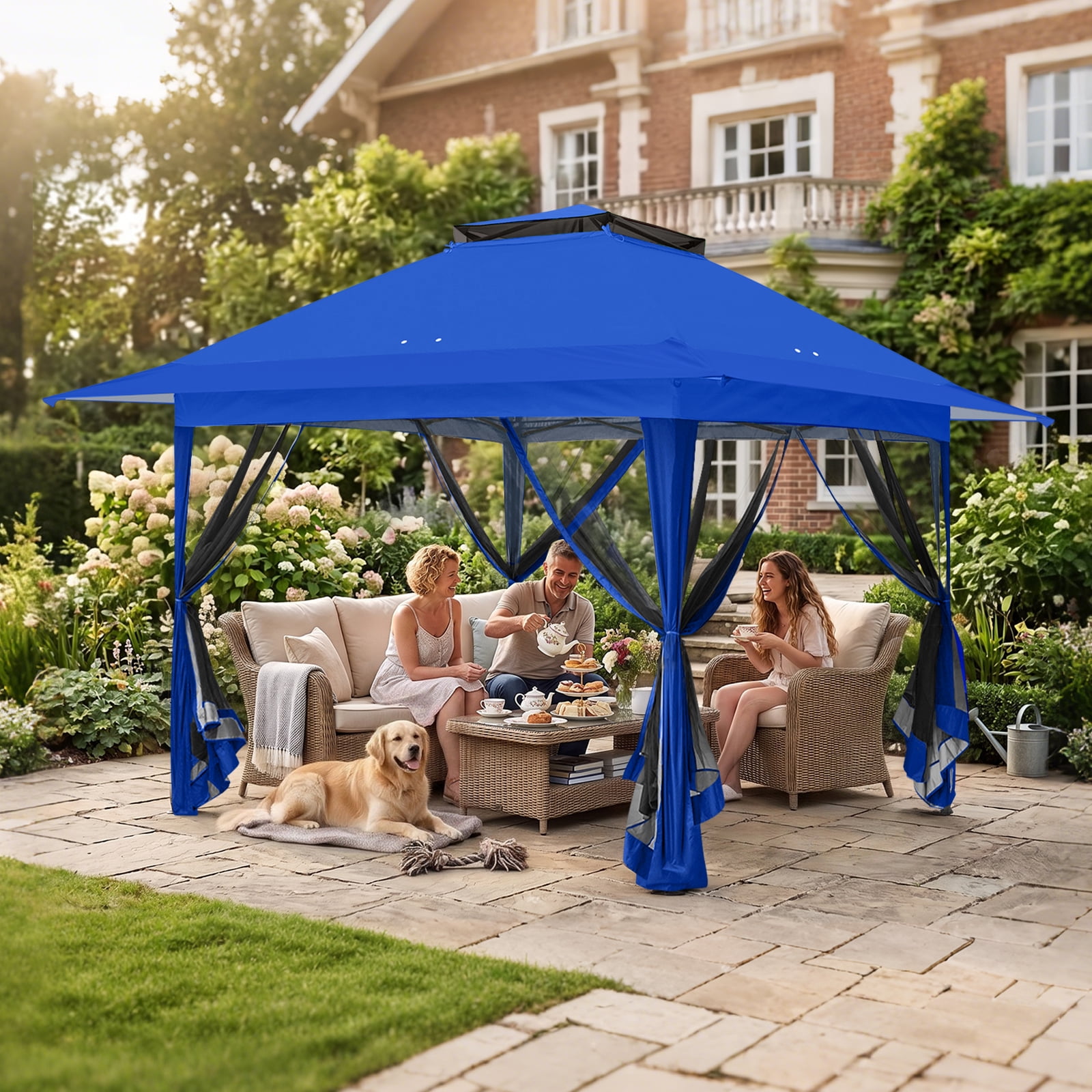 EAGLE PEAK 13 x 13 ft Pop-Up Gazebo Tent Instant w/ Mosquito Netting，Outdoor Gazebo Canopy Easy Set-up Folding Shelter (Blue)