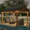 thumbnail image 1 of EAGLE PEAK 13x11 Cedar Frame Hardtop Gazebo, Natural Wood Outdoor Pavilion with Black Powder Coated Steel Gable Roof, 12x10 Frame, Black, 1 of 9