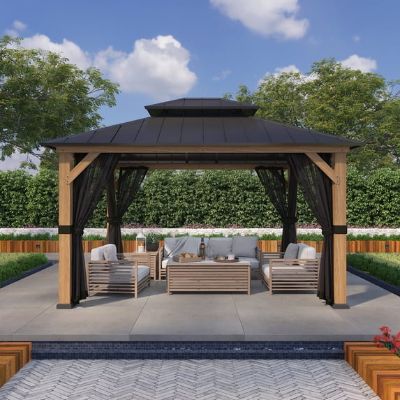 EAGLE PEAK 13x11 Outdoor Cedar Framed Hardtop Double Roof Gazebo for Garden, Patio, Lawn and Party, Black Mosquito Mesh Netting Included, Black