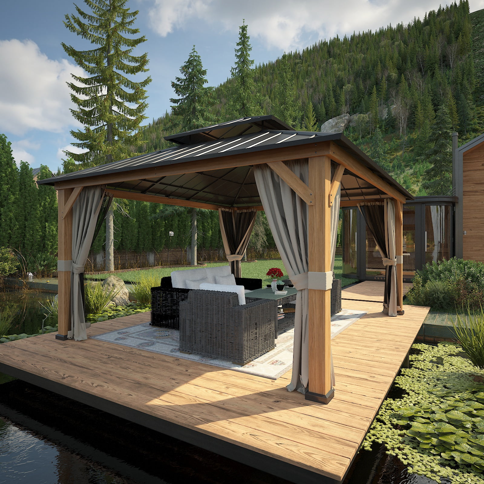 Eagle Peak 13x15 Cedar Wood Gazebo with Metal Roof and Curtains