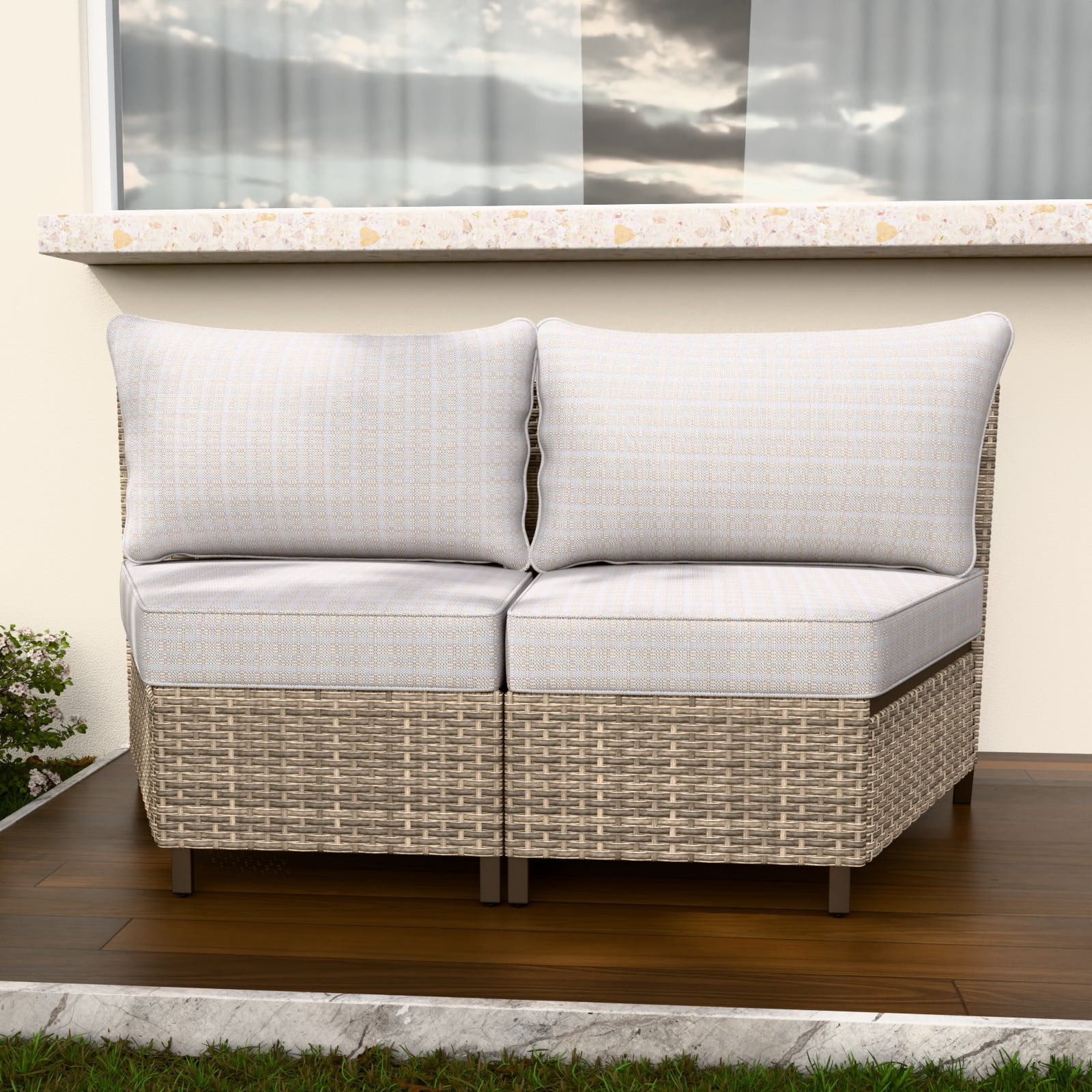 Beige Wicker Armless Outdoor Chairs with Cushions, 2-Piece Set