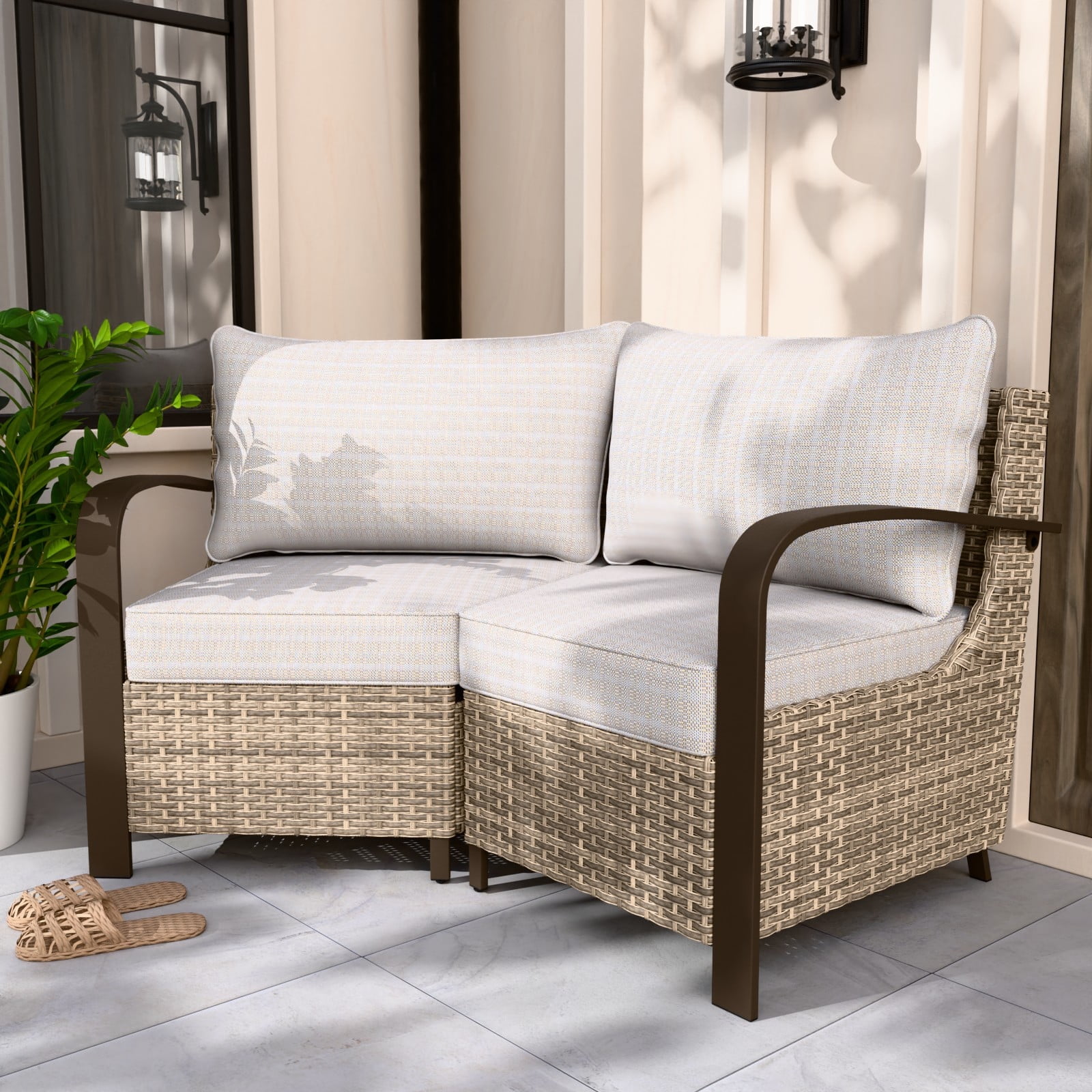 Beige and Brown Steel Frame Outdoor Sectional Sofa Set