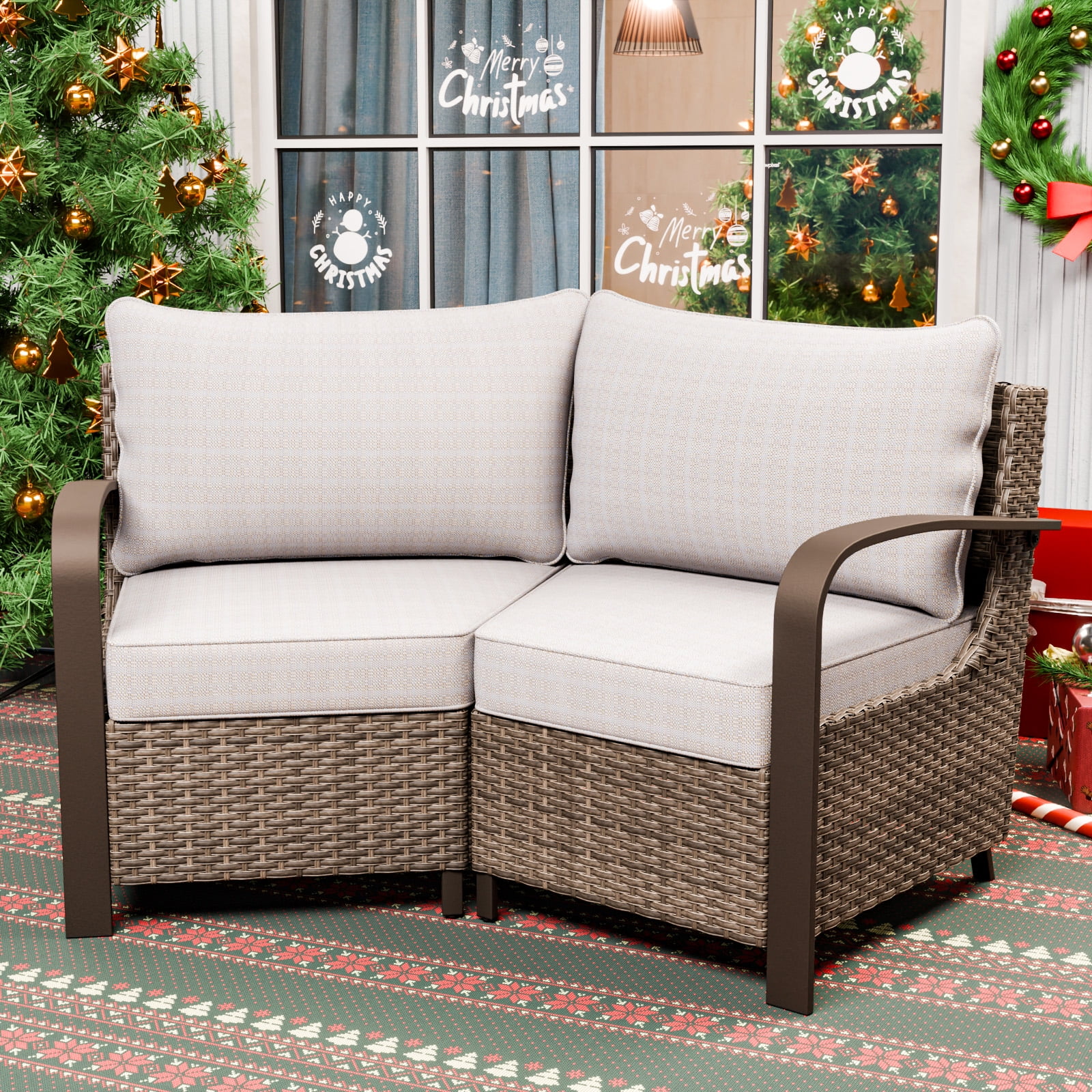 Beige and Brown Steel Frame Outdoor Sectional Sofa Set