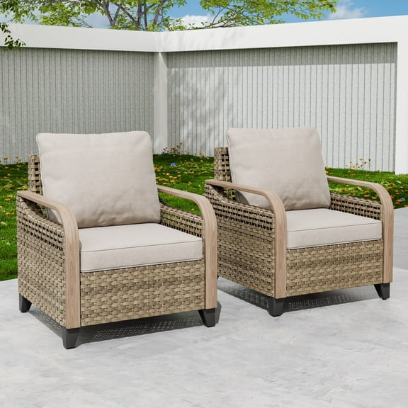 EAGLE PEAK 2 Piece Wicker Outdoor Chairs with Cushions, Patio Chairs, Deep Seating 4 inch Cushions, PE Rattan Curved Armrest Porch Chair, Brown/Gray