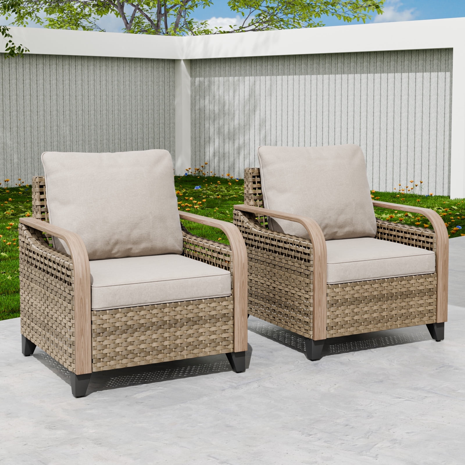 Gray Wicker Outdoor Armchairs with Cushions, Set of 2