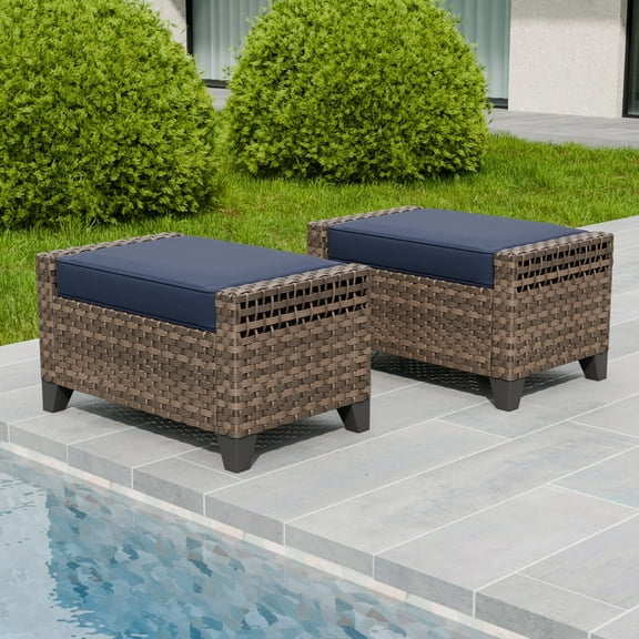 EAGLE PEAK 2 Piece Wicker Outdoor Ottoman, Patio Ottoman Foot Rest for Couch with Removable Cushions for Patio, Deck, Backyard and Poolside, Brown/Blue