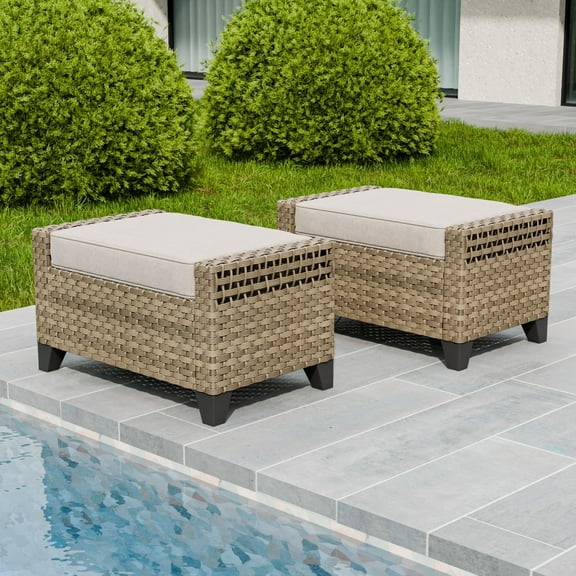 EAGLE PEAK 2 Piece Wicker Outdoor Ottoman, Patio Ottoman Foot Rest for Couch with Removable Cushions for Patio, Deck, Backyard and Poolside, Brown/Gray