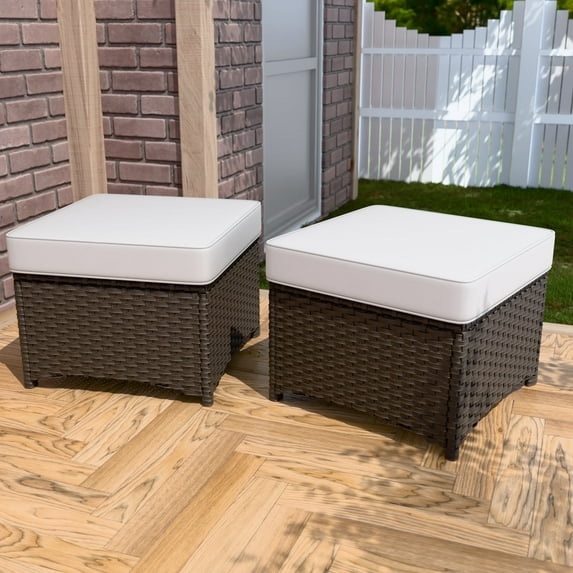 EAGLE PEAK Azure Bay 2 Pieces Wicker Patio Ottoman Set Weather-Resistant Cushions for Patio Deck Backyard Poolside, Brown Wicker and Beige Cushions