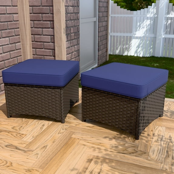 EAGLE PEAK Azure Bay 2 Pieces Wicker Patio Ottoman Set Weather-Resistant Cushions for Patio Deck Backyard Poolside, Brown Wicker and Blue Cushions