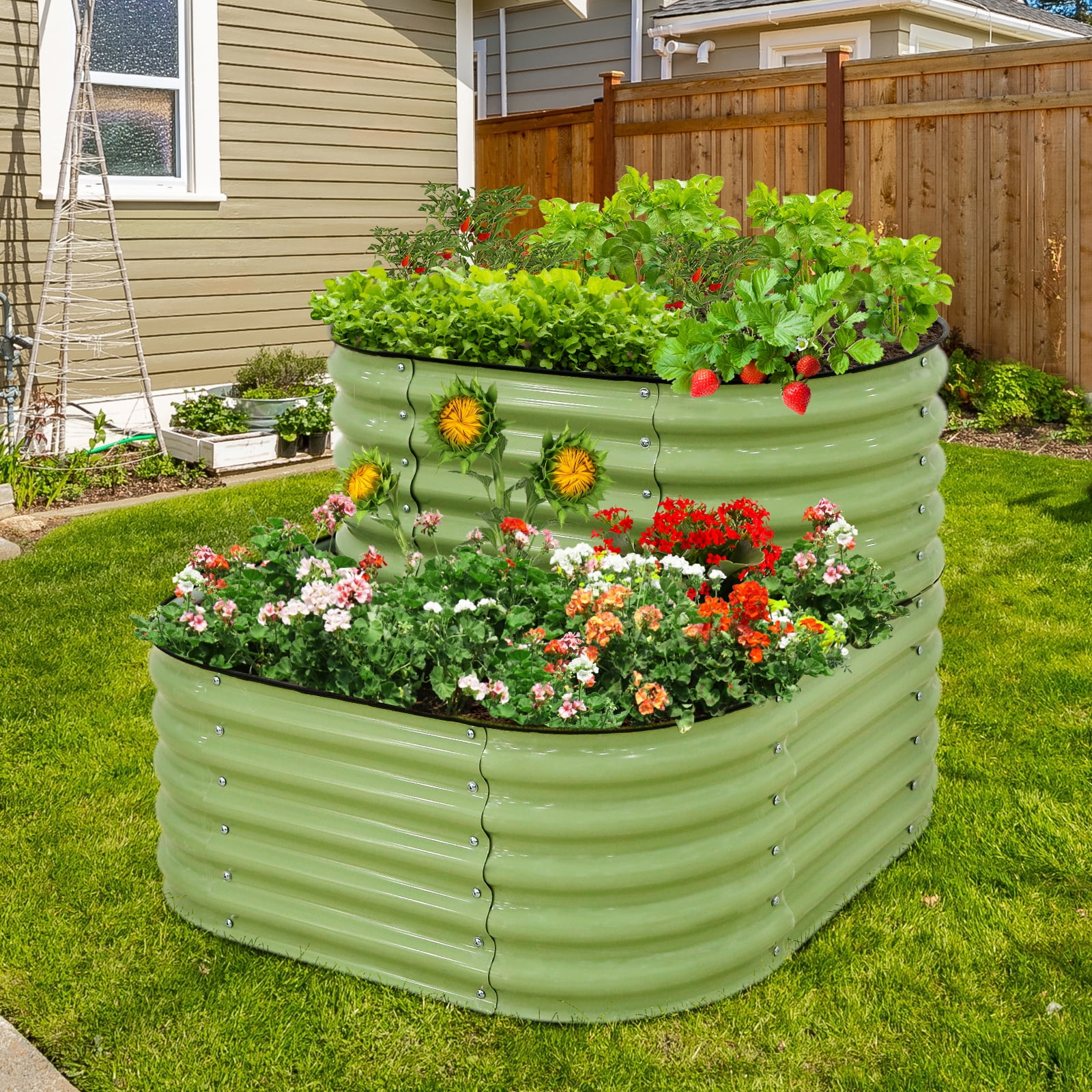 Olive Green Two-Tier Corrugated Metal Raised Garden Bed