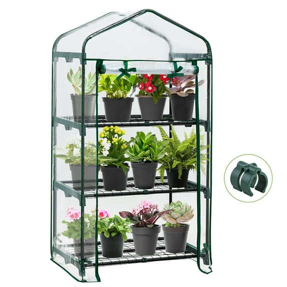 EAGLE PEAK 27'' x 19'' x 50'' Mini Greenhouse, 3-Tier Portable Rack Shelves Gardening Plant Green House for Outdoor & Indoor with Roll-Up Zipper Door, Transparent