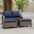 thumbnail image 1 of EAGLE PEAK 3 Piece Wicker Outdoor Patio Furniture Set, Patio Set with 2 Seat Loveseat Sofa, and 2 Ottomans, Brown/Blue, 1 of 8