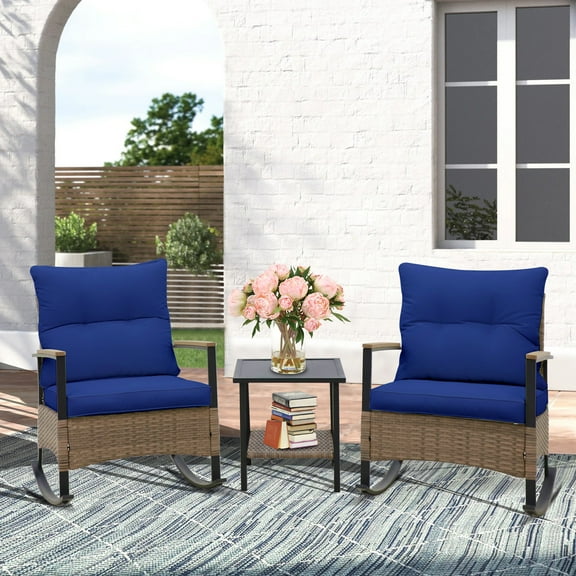 EAGLE PEAK 3 Piece Wicker Outdoor Rocking Chairs Bistro Set, 2 Rocker Outdoor Chairs Conversation Set