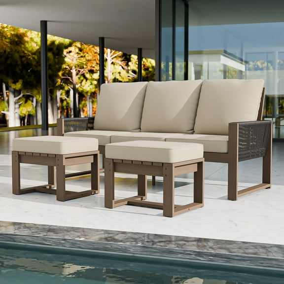 EAGLE PEAK 3 Pieces Natural Real Wood Cedar Outdoor Patio Conversation Set Spacious Seat 3-Seater Sofa Set with Beige Cushions, Ottomans