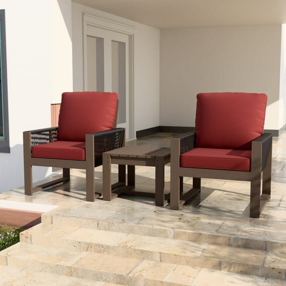 EAGLE PEAK 3 Pieces Natural Real Wood Cedar Outdoor Patio Conversation Set Spacious Seat Dining Chairs Set with Red Cushions, Slat Top Coffee Table