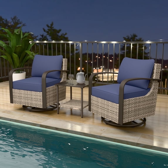 EAGLE PEAK Coastal Vista 3 Pieces Wicker Patio Furniture Set, Bistro Set with Outdoor Swivel Rocking Chair and Coffee Table,Blue