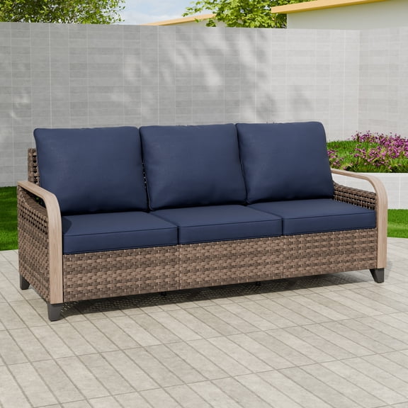 EAGLE PEAK 3 Seat Wicker Outdoor Patio Sofa, Outdoor Furniture Loveseat Sofa w/ Cushions, Curved Armrests, Outdoor Couch for Backyard, Deck, Porch, Brown/Blue