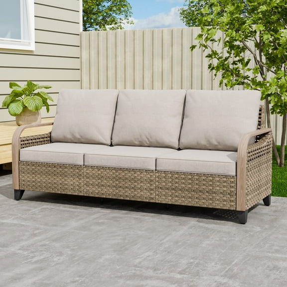 EAGLE PEAK 3 Seat Wicker Outdoor Patio Sofa, Outdoor Furniture Loveseat Sofa with Cushions, Outdoor Couch for Backyard, Deck, Porch, Brown/Gray
