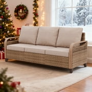 EAGLE PEAK 3 Seat Wicker Outdoor Patio Sofa, Outdoor Furniture Loveseat Sofa with Cushions, Outdoor Couch for Backyard, Deck, Porch, Brown/Gray