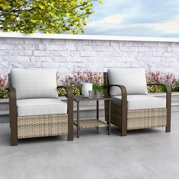 EAGLE PEAK Coastal Vista 3PCS Outdoor Chair Set with Side Table,Patio Wicker Rattan Conversation Set,w/ Beige Cushion