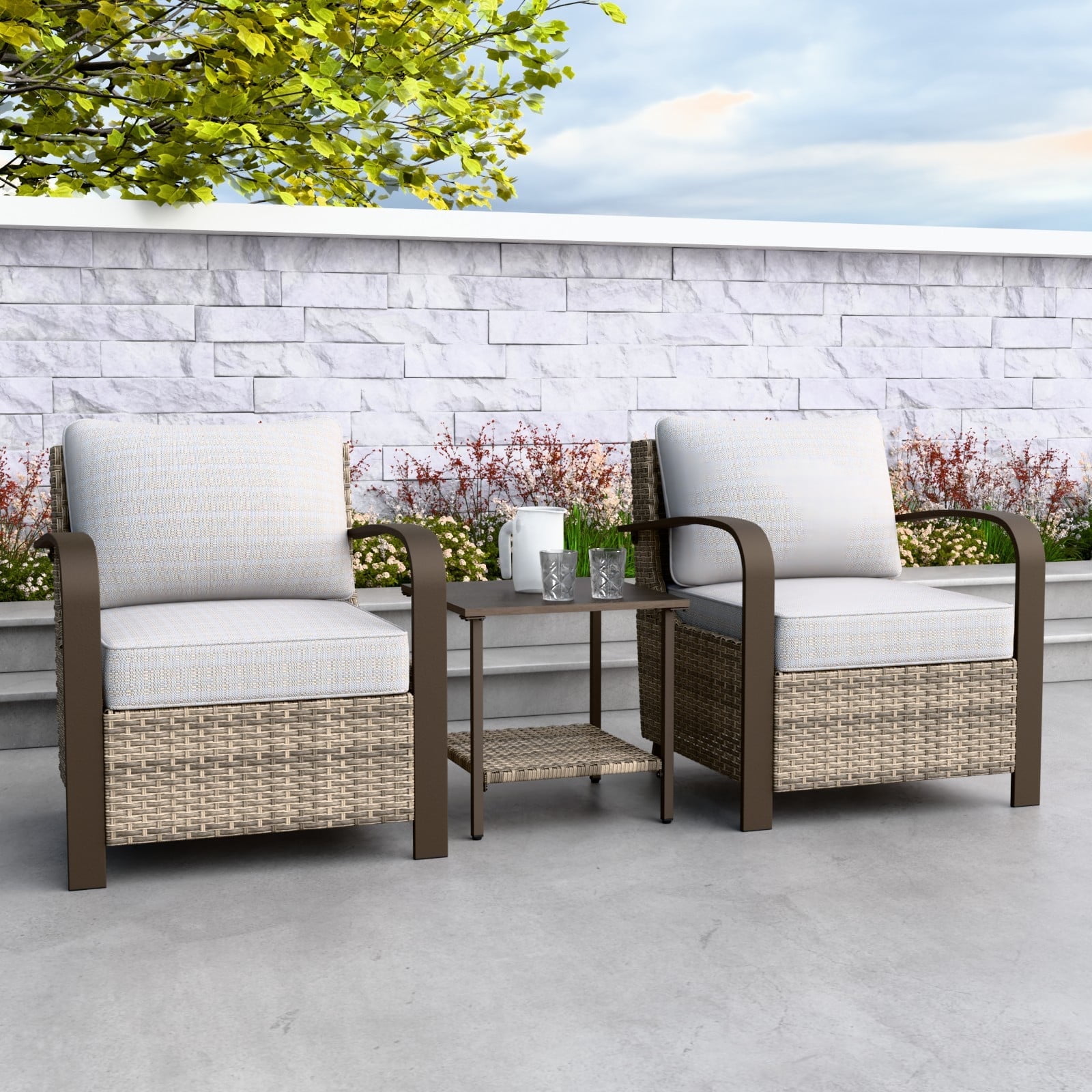 Beige Wicker Rattan 3-Piece Outdoor Chair Set with Side Table