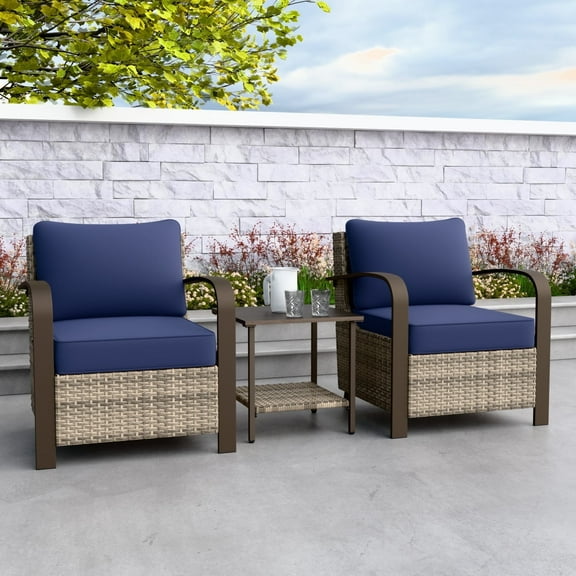 EAGLE PEAK Coastal Vista 3PCS Outdoor Chair Set with Side Table,Patio Wicker Rattan Conversation Set,w/ Blue Cushion