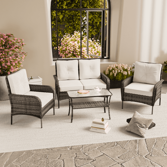 EAGLE PEAK 4-Piece Outdoor Furniture Set, All-Weather Patio Conversation Set w/ Dining Chairs & Coffee Table