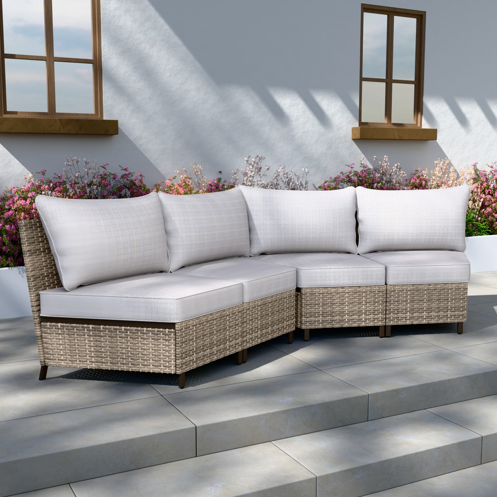 Beige Wicker 4-Person Armless Outdoor Patio Chair Set with Cushions