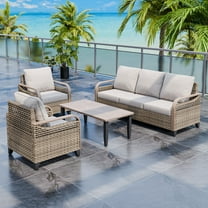 EAGLE PEAK 4 Piece Wicker Outdoor Patio Furniture Set, Patio Set with 2 Patio Chairs, 3 Seat Loveseat Sofa, and Coffee Table, Brown/Gray