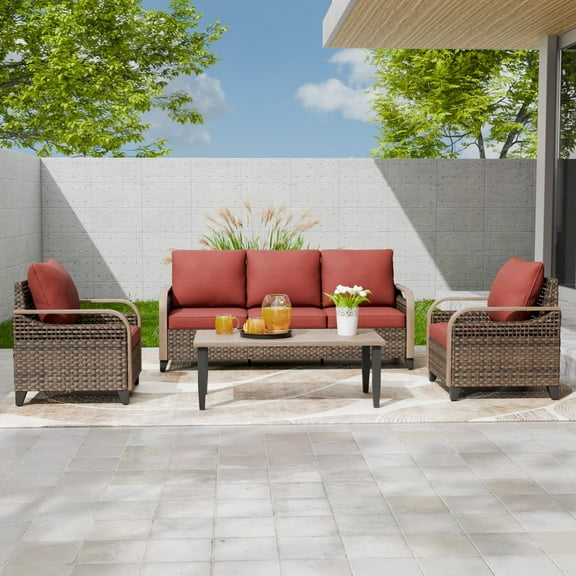 EAGLE PEAK 4 Piece Wicker Outdoor Patio Furniture Set, Patio Set with 2 Patio Chairs, 3 Seat Loveseat Sofa, and Coffee Table, Brown/Red