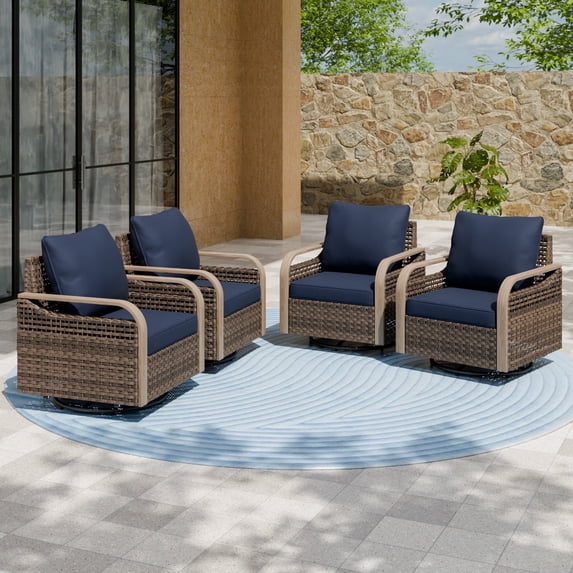 EAGLE PEAK 4 Piece Wicker Outdoor Rocking Chairs with Cushions, Rattan Swivel Rocker Patio Chairs for Backyard Deck Porch & Garden, Brown/Blue
