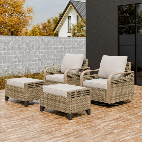 EAGLE PEAK 4 Piece Wicker Outdoor Rocking Chairs with Ottomans, Rattan Swivel Rocker Patio Chairs for Backyard Deck Porch & Garden, Brown/Gray