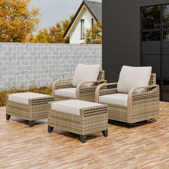 EAGLE PEAK 4 Piece Wicker Outdoor Rocking Chairs with Ottomans, Rattan Swivel Rocker Patio Chairs for Backyard Deck Porch & Garden, Brown/Gray