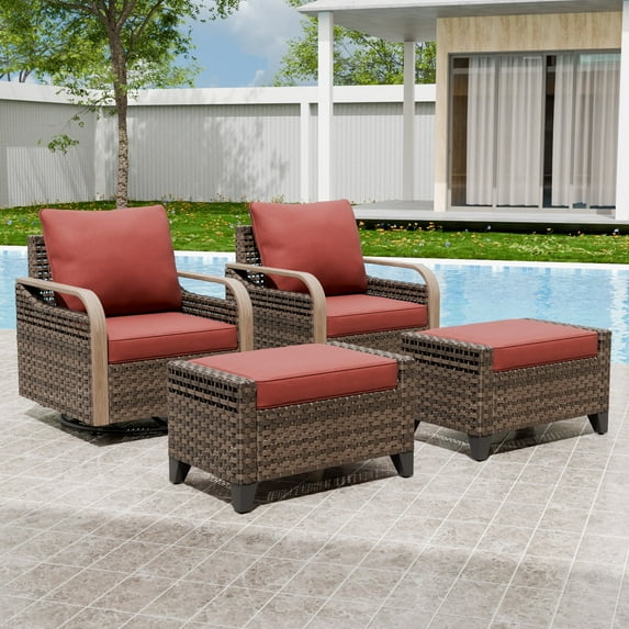 EAGLE PEAK 4 Piece Wicker Outdoor Rocking Chairs with Ottomans, Rattan Swivel Rocker Patio Chairs for Backyard Deck Porch & Garden, Brown/Red