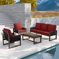 thumbnail image 1 of EAGLE PEAK 4 Pieces Natural Real Wood Cedar Outdoor Patio Conversation Set Spacious Seat Dining Chair & Sofa Set with Red Cushions, Slat Top Coffee Table, 1 of 9