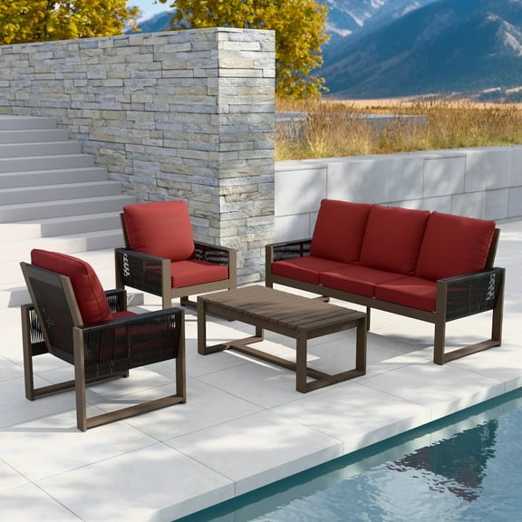 EAGLE PEAK 4 Pieces Natural Real Wood Cedar Outdoor Patio Conversation Set Spacious Seat Dining Chair & Sofa Set with Red Cushions, Slat Top Coffee Table