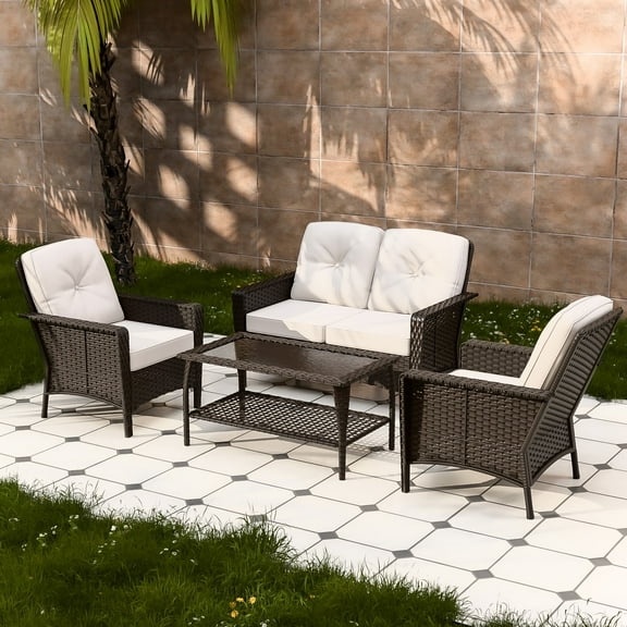 EAGLE PEAK 4 Pieces Patio Conversation Set Outdoor PE Rattan Wicker Chairs Set and Coffee Table, Beige