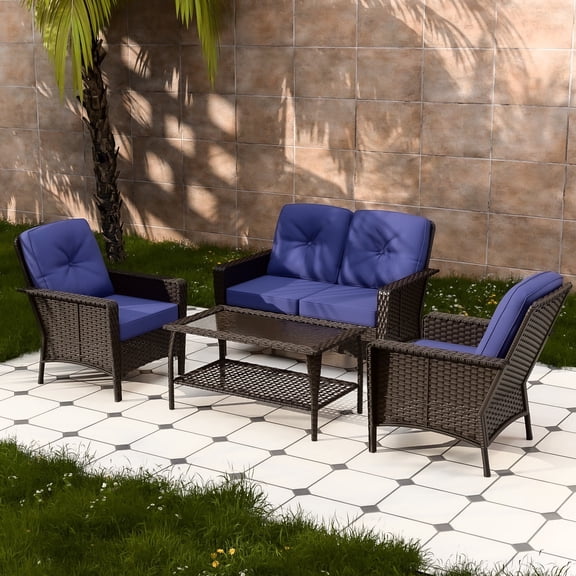 EAGLE PEAK 4 Pieces Patio Conversation Set Outdoor PE Rattan Wicker Chairs Set and Coffee Table, Blue
