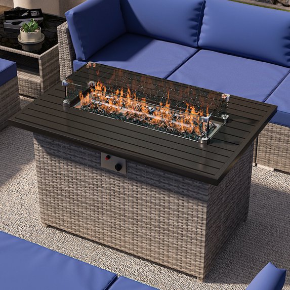 EAGLE PEAK 42 Inch Outdoor Propane Gas Fire Pit Table, 50,000 BTU Auto-Ignition Rectangular Gas Fire Pit with Glass Wind Guard, Gray PE Rattan, CSA Certification