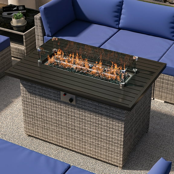 EAGLE PEAK 42 Inch Outdoor Propane Gas Fire Pit Table, 50,000 BTU Auto-Ignition Rectangular Gas Fire Pit with Glass Wind Guard, Gray PE Rattan, CSA Certification