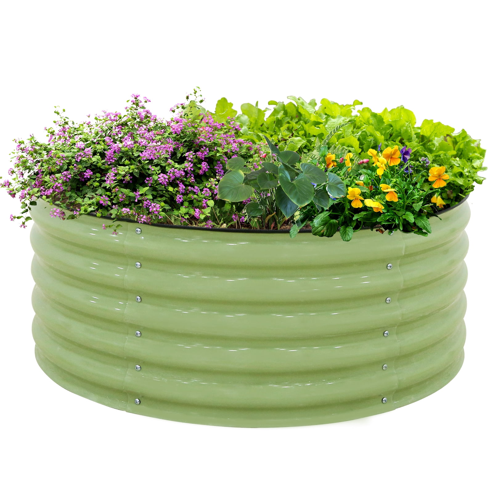 Olive Green Round Galvanized Metal Raised Garden Bed Planter