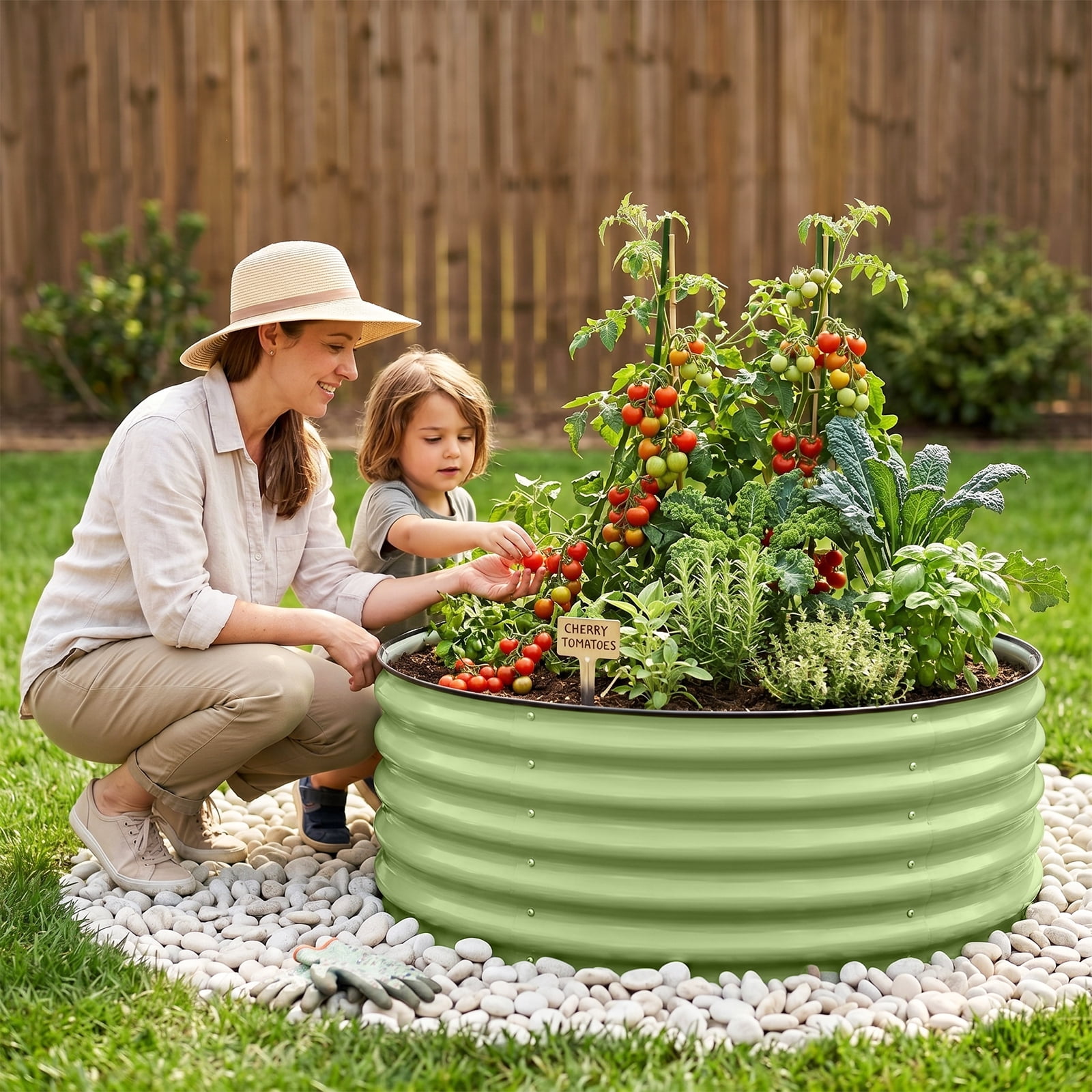 EAGLE PEAK 42'' Round 17'' Tall Raised Garden Bed Planter, Galvanized Metal Raised Bed Kit for Vegetables, Flowers, Herbs, Olive Green