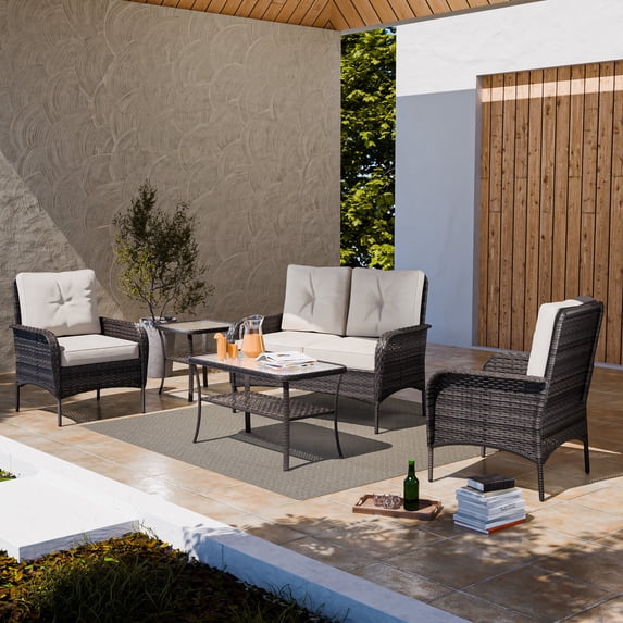 EAGLE PEAK 5-Piece Outdoor Furniture Set, All-Weather Patio Conversation Set w/ Dining Chairs & Coffee Table