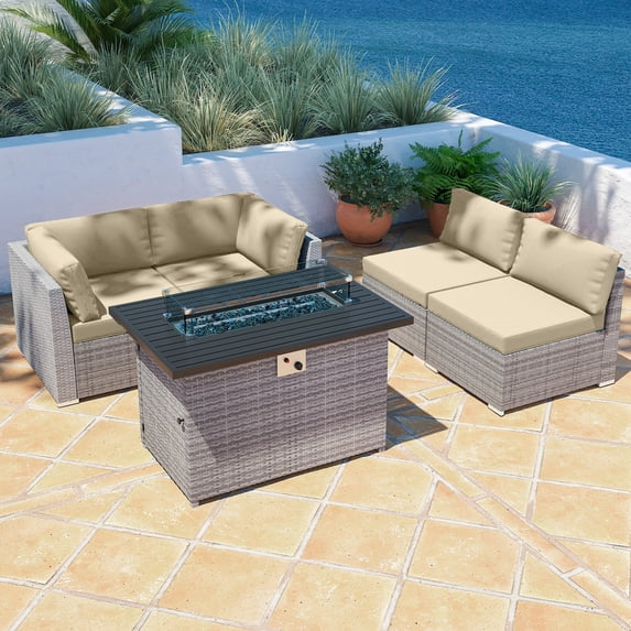 EAGLE PEAK 5 Piece Outdoor Wicker Patio Furniture Set with Fire Table, PE Rattan Sectional Conversation Sofa Set with Seating for 4 People, Beige