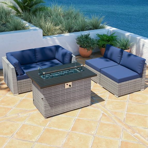 EAGLE PEAK 5 Piece Outdoor Wicker Patio Furniture Set with Fire Table, PE Rattan Sectional Conversation Sofa Set with Seating for 4 People, Dark Blue