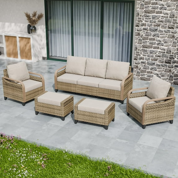 EAGLE PEAK 5 Piece Wicker Outdoor Patio Furniture Set, Patio Set with 2 Patio Chairs, 3 Seat Loveseat Sofa, and 2 Ottomans, Brown/Gray