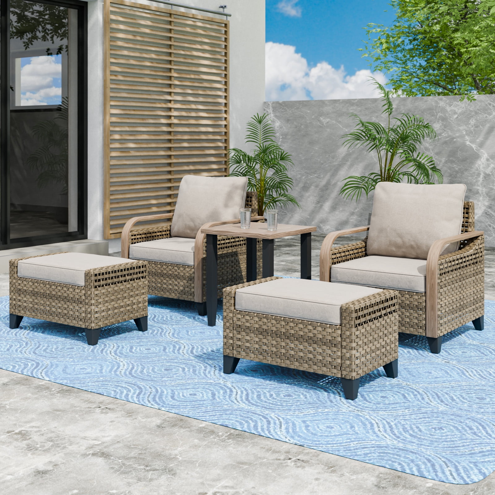 5-Piece Brown Steel Wicker Patio Set with Gray Cushions